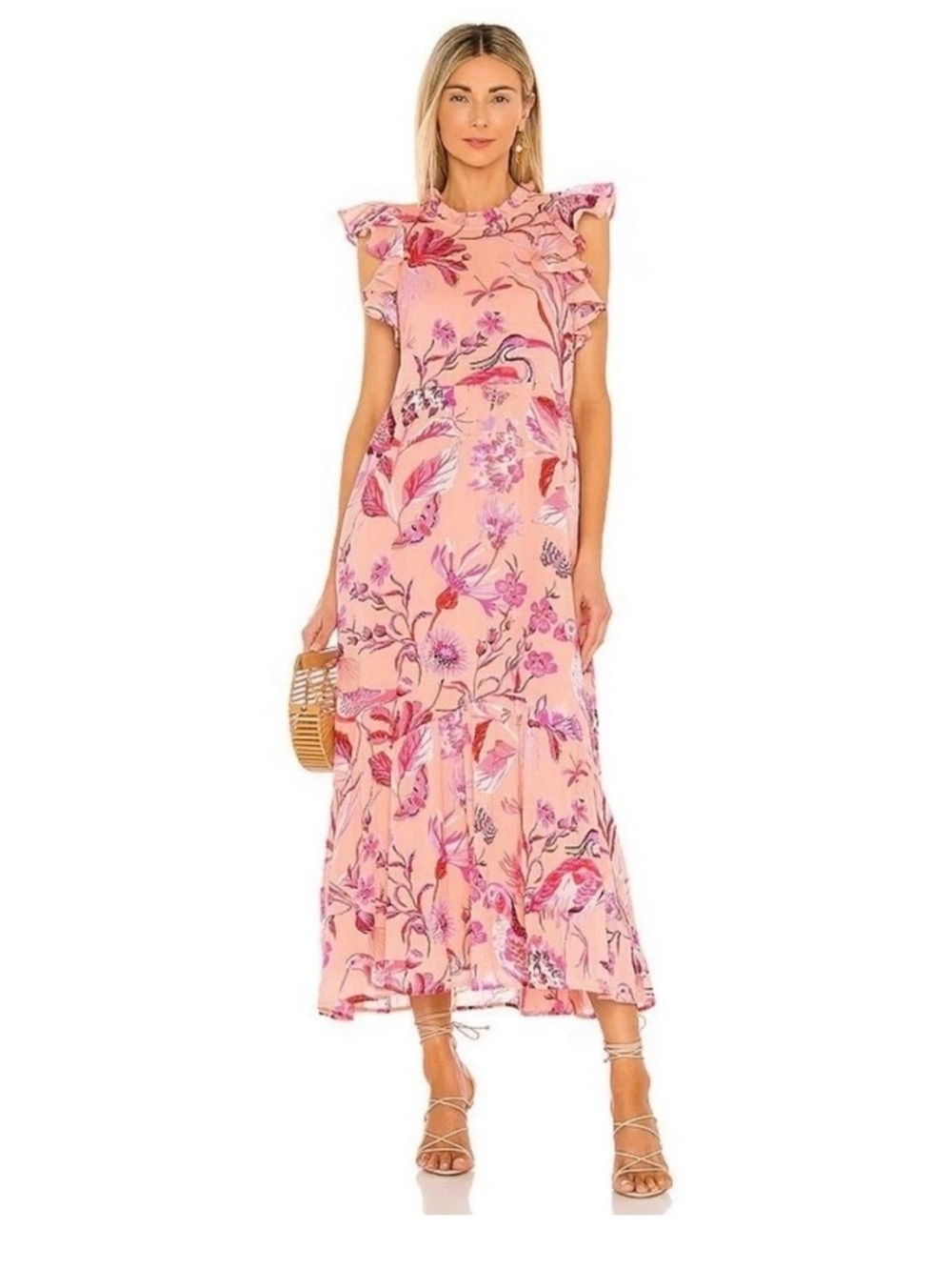 Banjanan Maxi Dress Hannah Ruffle 100% Cotton Pink Artsy Fairy Sz M Gauzy Tiered